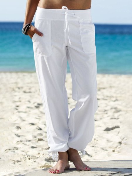 

Linen Plain Loosen Pants, White, Pants