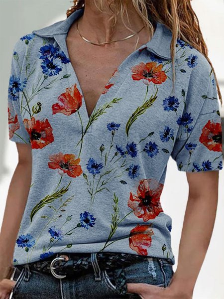 

Floral Lapel Casual Short Sleeve T-Shirt, Blue, T-Shirts