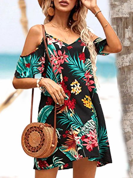 

Floral-print off-the-shoulder short-sleeve beach resort dress Floral Loosen Spaghetti Short Sleeve Knit Dress, Black, Mini Dresses