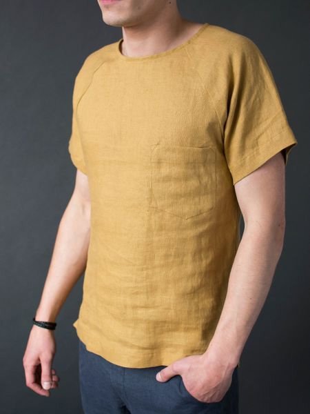 

Men's Cotton Linen Retro Solid Color Short Sleeve Shirt, Yellow, T-Shirts