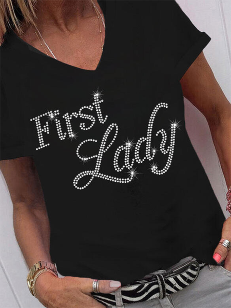

Casual Letter V Neck Short Sleeve T-Shirt, Black, T-Shirts