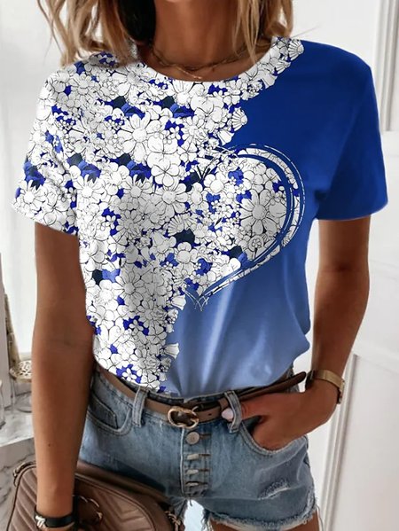 

Crew Neck Loosen Ombre Short Sleeve T-Shirt, Blue, T-Shirts