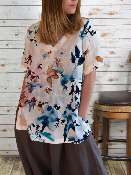 

Floral print spring new hot style super nice ladies casual cotton linen top, Multicolor, Tees & T-shirts
