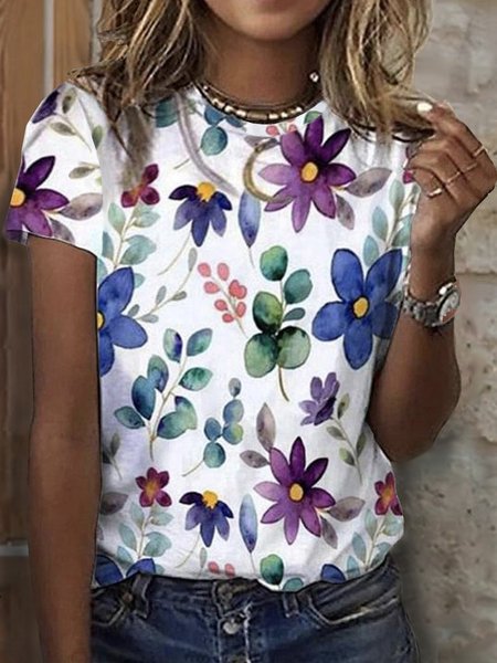 

Romantic Floral Casual Loosen Crew Neck Short Sleeve T-Shirt, White, T-Shirts