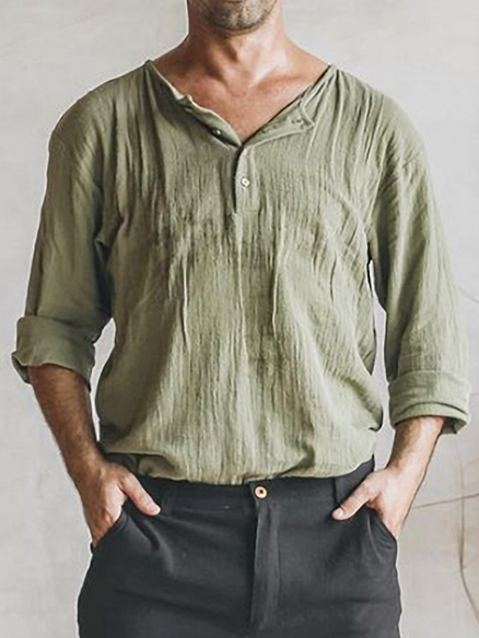 

Men's Cotton Linen Style Long Sleeve Shirt, Green, Shirts ＆ Blouse