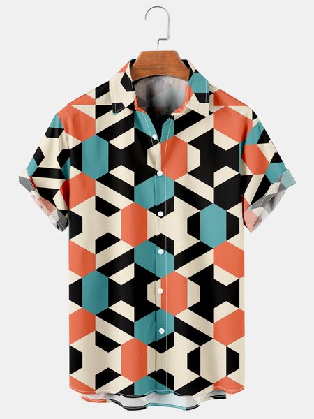 

Men's Color Blocked Casual Print Short Sleeve Hawaiian Shirt, Orange, Men's Floral shirt