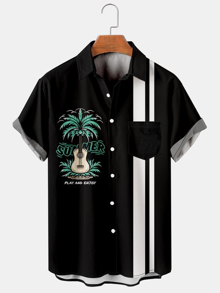 

Men's Printed Casual Breathable Hawaiian Short Sleeve Shirt, Black, Men's Floral shirt