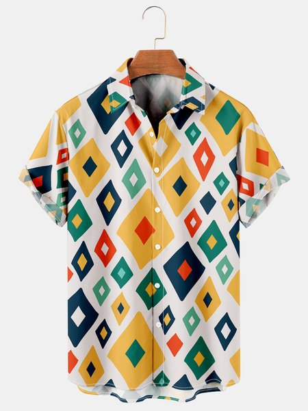 

Men's Color Blocked Casual Print Short Sleeve Hawaiian Shirt, Yellow, Men's Floral shirt