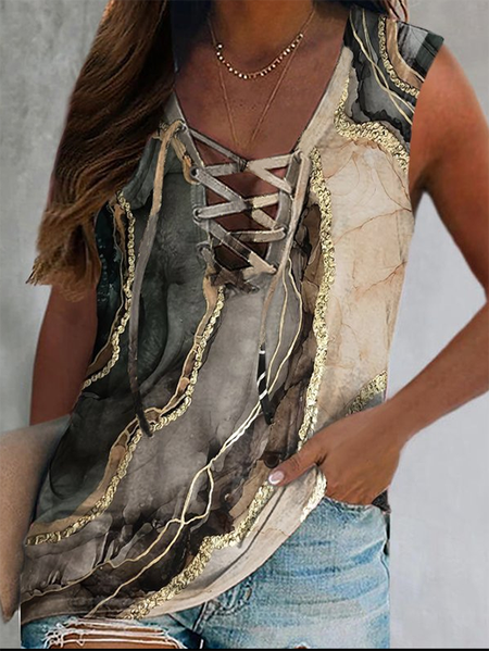 

Casual V neck Plus Size Printed Knit Tank, As picture, Tank Top