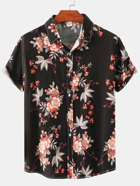

Men's Casual Hawaiian Resort Style Short Sleeve Printed Shirt, Black, Shirts ＆ Blouse