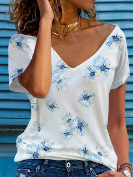 

Casual Floral Short Sleeve T-Shirt, White, T-Shirts