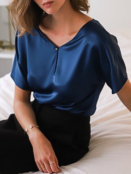 

Daily Regular Fit V Neck Satin Short Sleeve Top, Deep blue, Tops