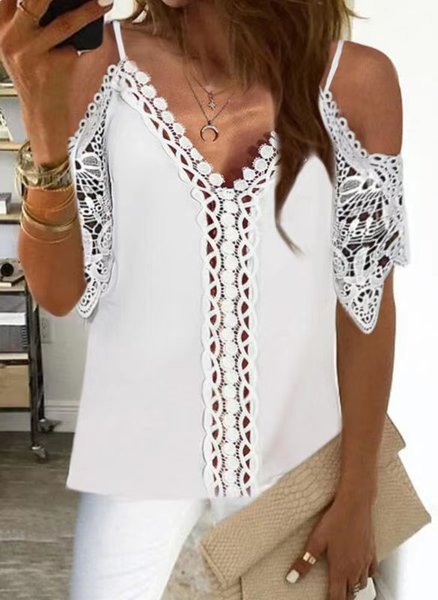 

Lace Panel Plain V Neck Regular Fit Short Sleeve Tops, White, Tank Tops & Camis
