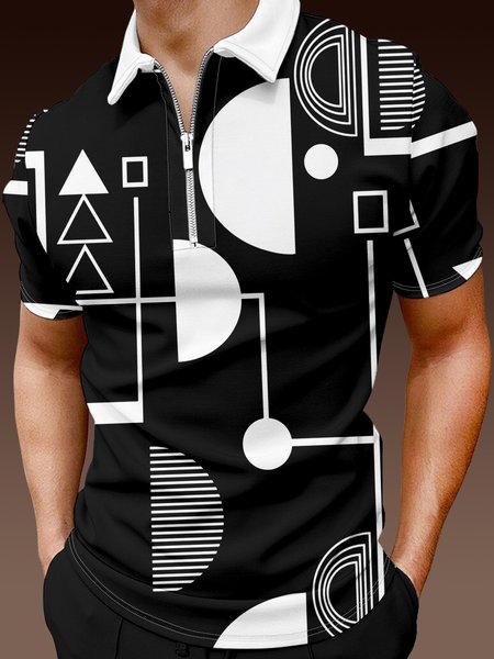 

Casual Art Collection Geometric Striped Lapel Short Sleeve Polo Print Top, Black, Men's t-shirts