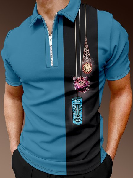 

Resort-Style Hawaiian Collection With Geometric Stripes And Marine Life Elements Lapel Short-Sleeved Polo Print Top, Blue, Men's t-shirts