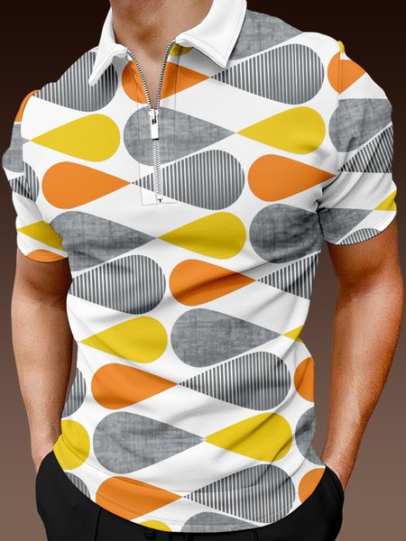 Casual Art Collection Geometric Striped Lapel Short Sleeve Polo Print Top, White, Polos