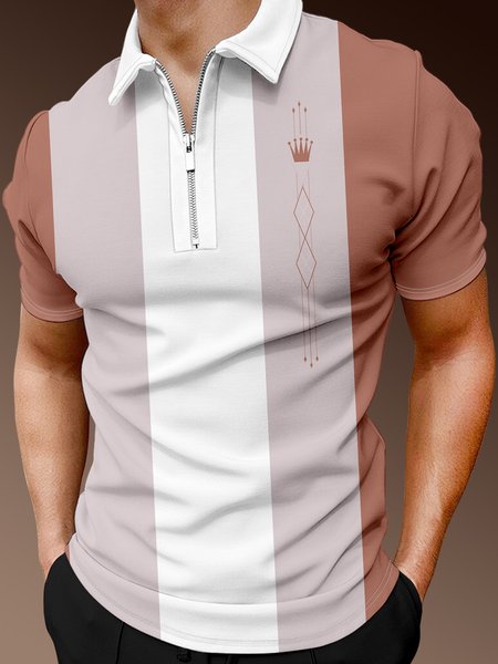 

Casual Art Collection Geometric Striped Lapel Short Sleeve Polo Print Top, Light brown, Men's t-shirts