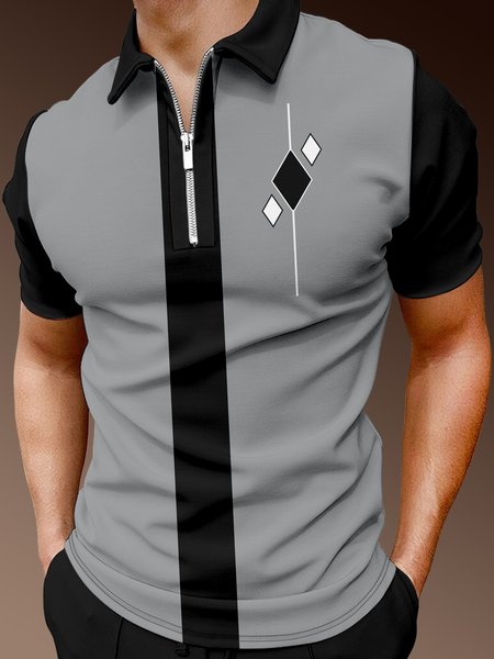 

Casual Art Collection Geometric Striped Lapel Short Sleeve Polo Print Top, Gray, Polos