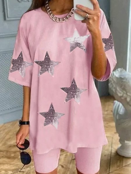

Star Print Spring New Designer Sports and Leisure Two-Piece Set, Pink, Suit Set