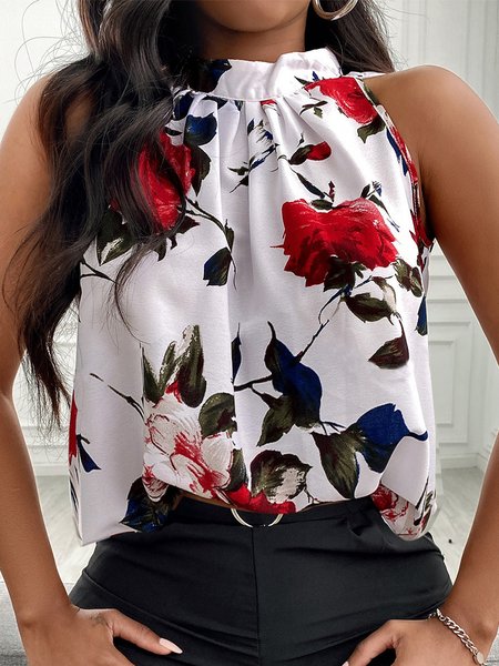 

Regular Fit Stand Collar Floral Short Sleeve Top, White, Tunics