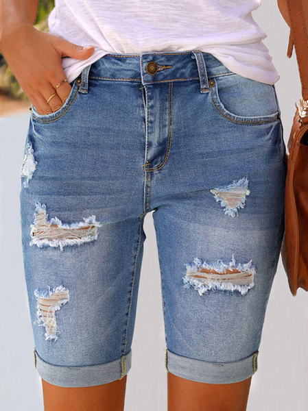 

Plain Denim Shorts, Blue, Shorts
