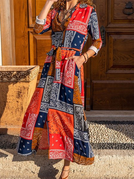 

Casual Tribal Paisley Printed Long Sleeve women Dress, Multicolor, Dresses