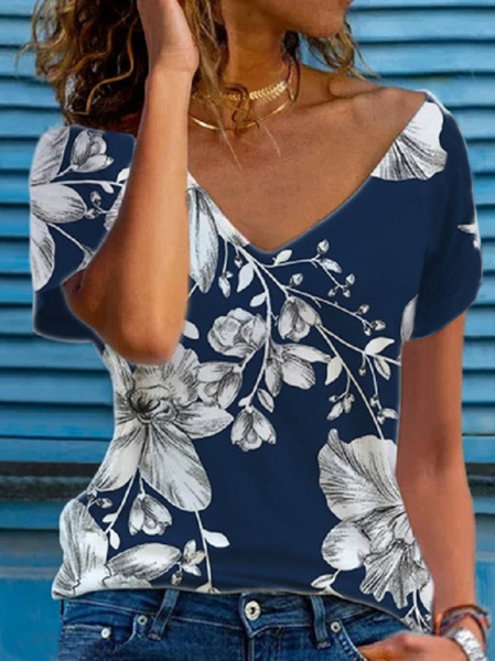 

Casual V Neck Floral Short Sleeve T-Shirt, Dark blue, T-Shirts