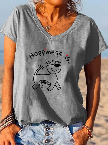 

Happiness Is... Dog Print V-Neck T-Shirt, Gray, T-shirts