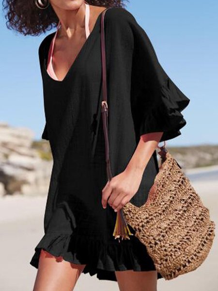 

Vacation Loosen Plain Short Sleeve Woven Mini Dress, Black, Mini Dresses