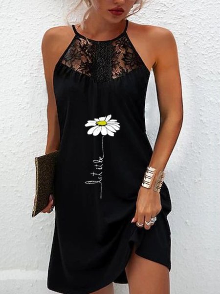 

Casual Floral Sleeveless Round Neck Plus Size Printed Dress, Black, Mini Dresses