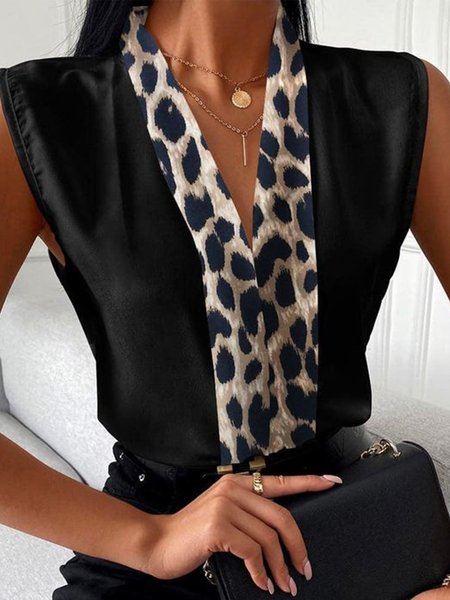 

Regular Fit V Neck Statement Sleeveless Top, Black, Tunics