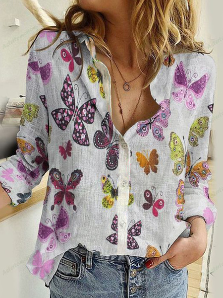 

Butterfly Shirt Collar Long Sleeve Blouse, White, Blouses & Shirts