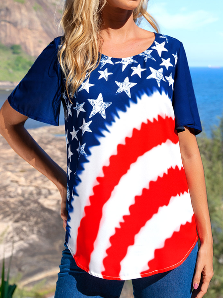 

Casual Flag Short Sleeve Tops, Red-blue, Tops