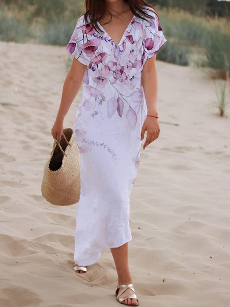 

Leaves V Neck Short Sleeve Woven Dress, White, Dresses