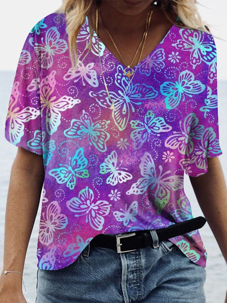 

Loosen Casual Ombre Butterfly Short Sleeve T-Shirt, Purple, T-Shirts