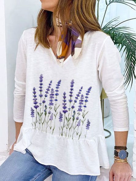 

Cotton Blends Casual Floral Long Sleeve Tops, White, Tops