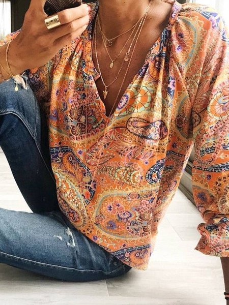 

V Neck Casual Long Sleeve Tops, Multicolor, Tops