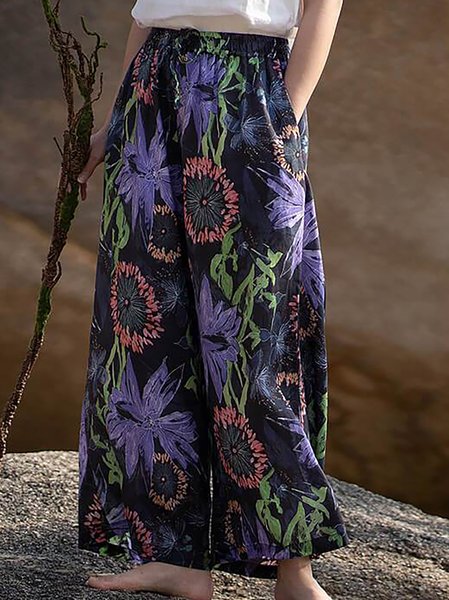 

Casual Vacation Floral Print Elastic Waist Loosen Pants, Black, Pants