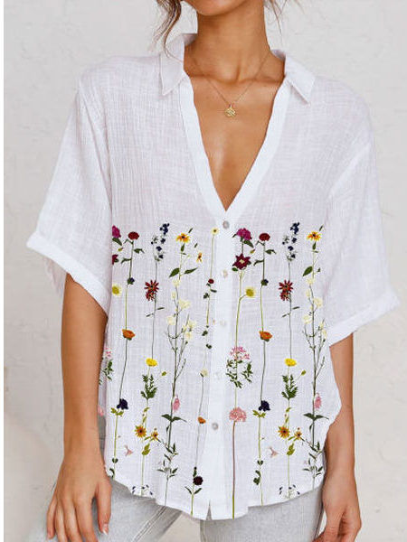 

Floral Loosen Shirt Collar Short Sleeve Tops, White, Shirts & Blouses