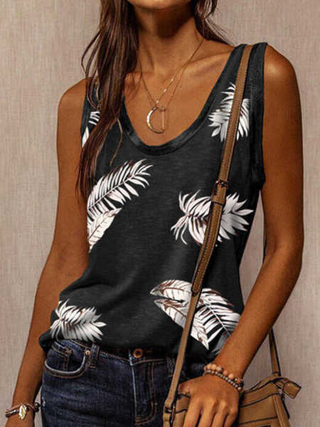 

Casual Leaves Crew Neck Knit, Black, Tanks & Camis