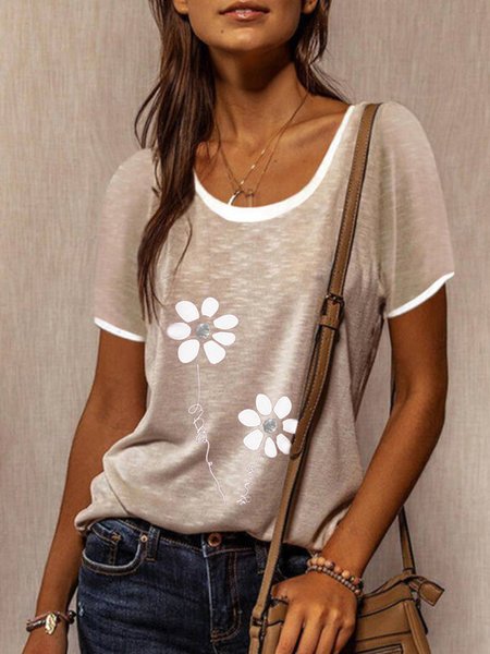 

Casual Loosen Crew Neck Floral Short Sleeve Tops, Khaki, T-Shirts