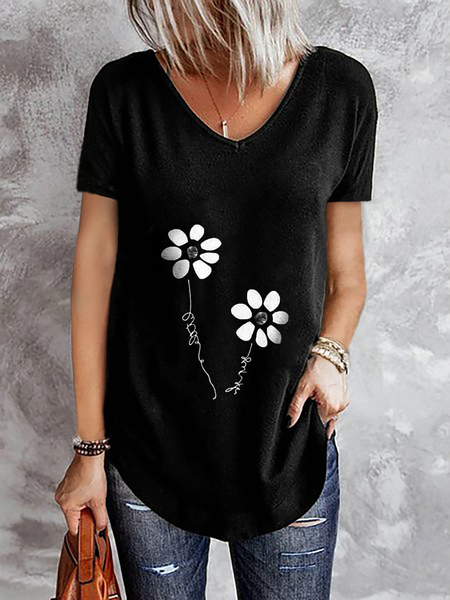 

Plus size Floral Casual Short Sleeve T-Shirt, Black, T-Shirts
