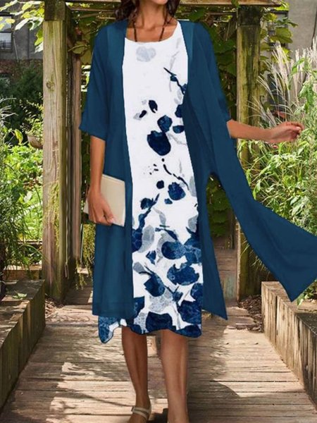

Cotton Blends Round Neck Casual Knit Dress, Dark_blue, Midi Dresses