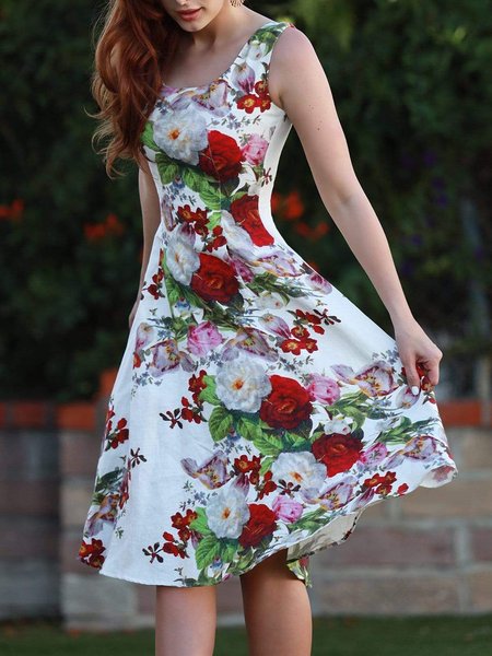 

Floral Elegant Regular fit Sleeveless Woven Dress, Multicolor, Midi Dresses