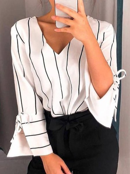 

Daily Striped V Neck Long Sleeve Top, White, Tops