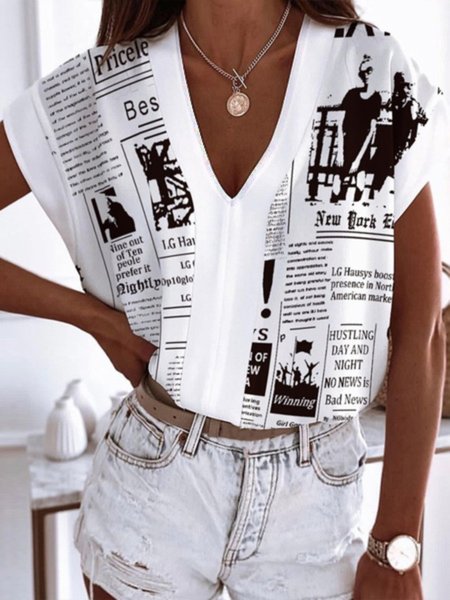 

Casual Short Sleeve V Neck Plus Size Printed Tops, White, Tops