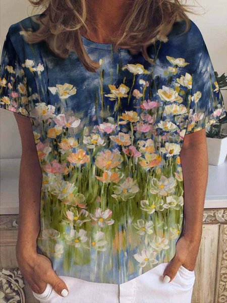 

Casual Gradient Floral Print Crew Neck T-Shirt, As picture, T-shirts