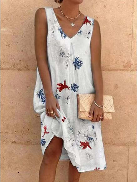 

Floral Casual Sleeveless Woven Dress, White, Dresses