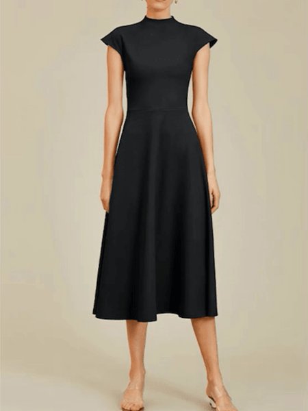 

Summer Lightweight Elegant Short Sleeve Woven Fit and FlareX Dress, Black, Midi Dresses