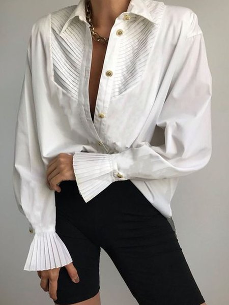 

Loosen Simple Shirt Collar Plain Top, White, Blouses and Shirts